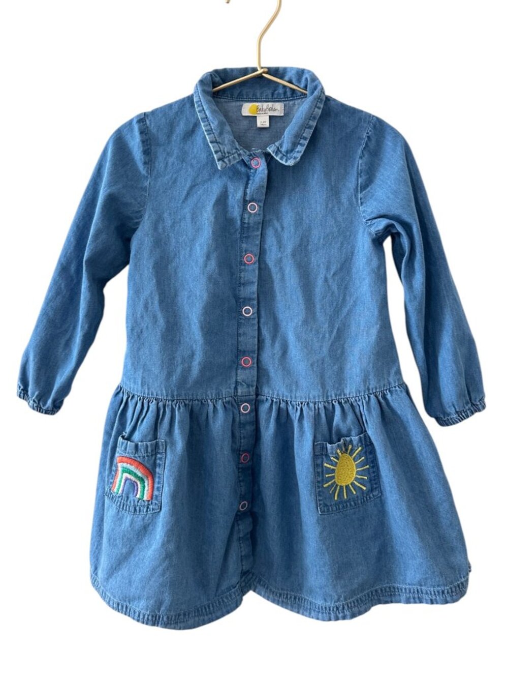 Baby Boden Denim Rainbow Sun Appliqué Dress Size 2-3Y